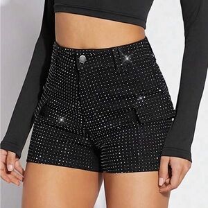 New Black Rhinestone Studded Cargo Shorts